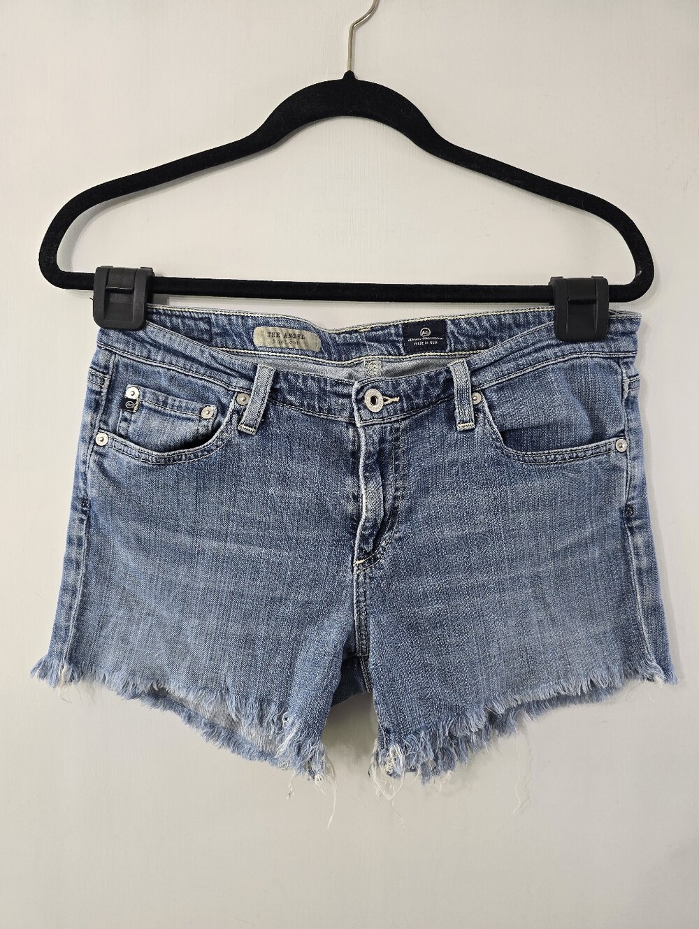 AG Adriano Goldschmied The Angel Boot Cut Cutoff Distress Blue Denim Jean Shorts
